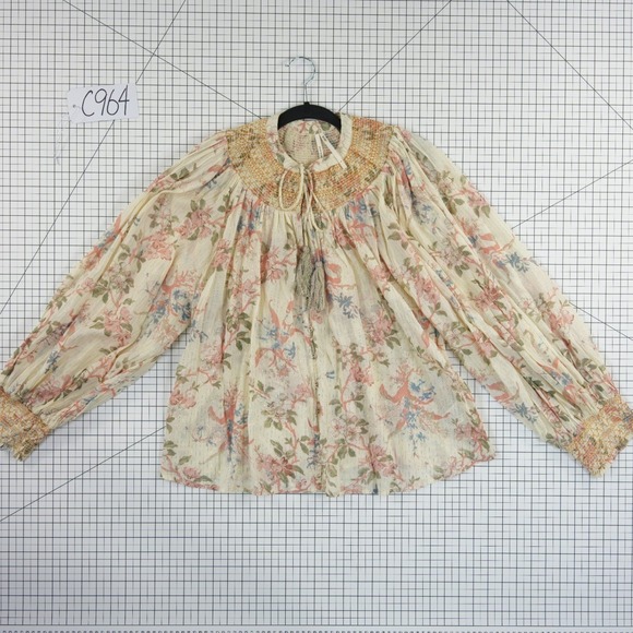 Anthropologie Blouse Women's Size Large Floral Smocked Lurex Peasant Top - Picture 7 of 7